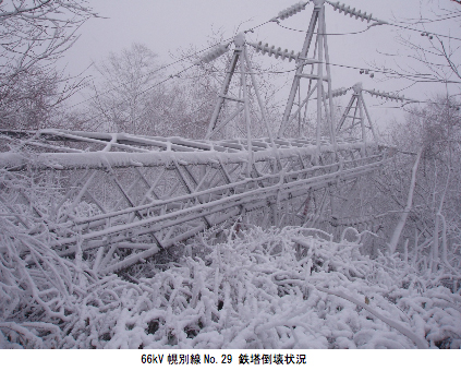 倒れた送電線鉄塔（北電HPより）